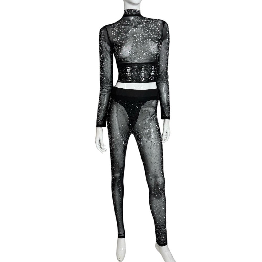 Sexy Mesh Sheer Rhinestone 2 Piece‎ Set Club Wear Set